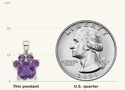Classique True Size: Sterling Silver Rhodium-plated Polished Amethyst Paw Pendant shown next to a US quarter (24.3 mm)