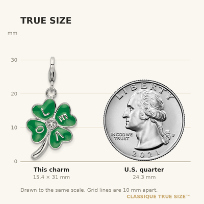 Amore La Vita Sterling Silver Rhodium-plated Polished 3-D Green Enameled 4 Leaf Clover and Clear Crystal LOVE Charm with Fancy Lobster Clasp