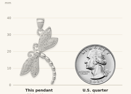 Classique True Size: Sterling Silver Rhodium-plated Polished and Textured Dragonfly Pendant shown next to a US quarter (24.3 mm)