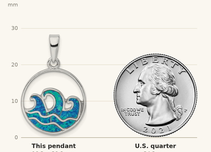 Classique True Size: Sterling Silver Rhodium-plated Blue Created Opal Wave Pendant shown next to a US quarter (24.3 mm)