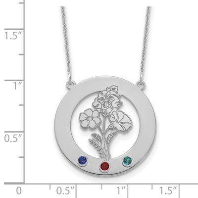 10K White Gold Circle w/3 Birth Flower and Birthstone Necklace