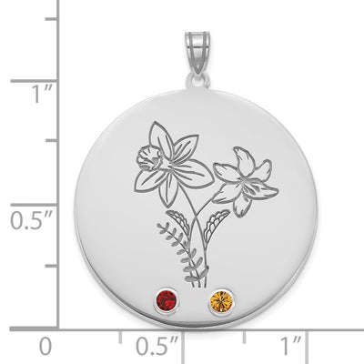 10K White Gold Circle w/2 Birth Flower and Birthstone Pendant