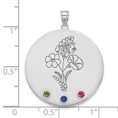 10K White Gold Circle w/3 Birth Flower and Birthstone Pendant
