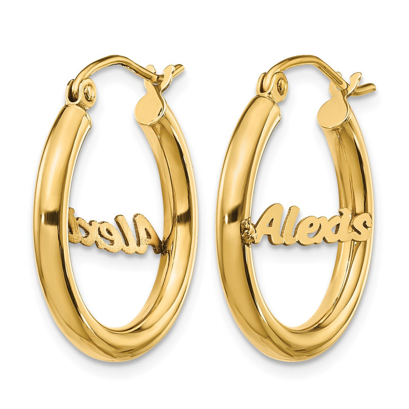 10K yellow gold name hoop earrings, alternate view