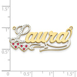 10K Yellow Gold w/ Rhodium and Ruby 3D Diamond with Hearts Name Plate view
