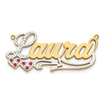 10K Yellow Gold w/ Rhodium and Ruby 3D Diamond with Hearts Name Plate view