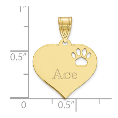 10K Yellow Gold Heart with Name and Paw Print Cut-out Pendant, 16 x 17.5mm