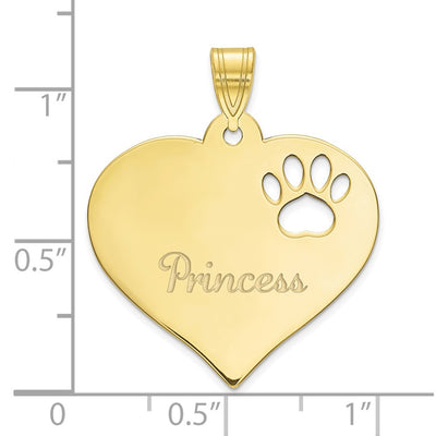 10K Yellow Gold Heart with Name and Paw Print Cut-out Pendant, 22.25 x 24.5mm