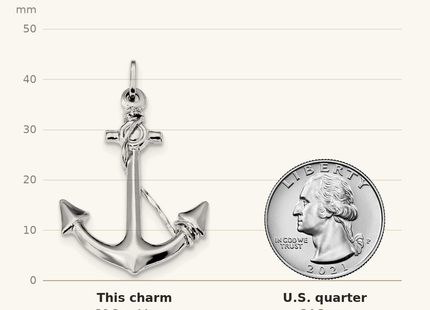 Classique True Size: Sterling Silver Rhodium Plated Polished Anchor with Rope Charm shown next to a US quarter (24.3 mm)