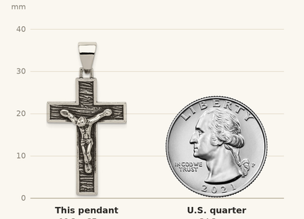 Classique True Size: Sterling Silver Antiqued Box Cross Crucifix Pendant shown next to a US quarter (24.3 mm)