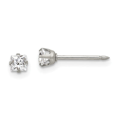 Inverness Stainless Steel Square CZ Post Earrings, 4 x 4mm