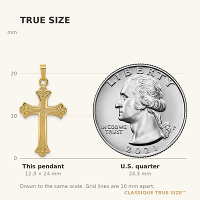 14K Textured and Polished Fleur de lis Cross Pendant, 24 x 18mm