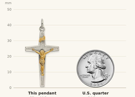 Classique True Size: Sterling Silver & Gold-plated Polished and Textured INRI Crucifix Pendant shown next to a US quarter (24.3 mm)