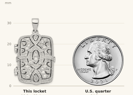Classique True Size: Sterling Silver Rhodium-plated Fancy CZ Rectangle Locket Pendant shown next to a US quarter (24.3 mm)