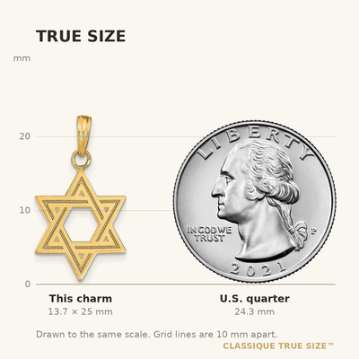 14K Solid Satin Star of David Charm, 25 x 16mm