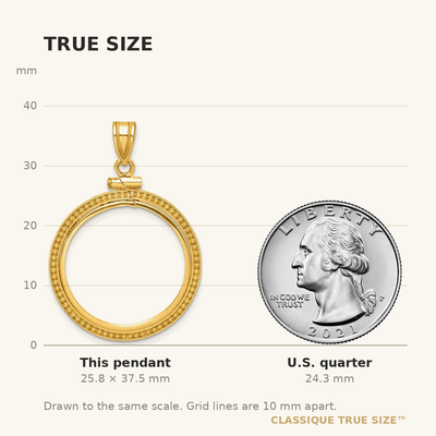 Wideband Distinguished Coin Jewelry 14K Polished and Beaded x Screw Top Coin Bezel Pendant, 37.5 x 26mm