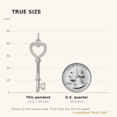 Sterling Silver Rhodium-plated CZ Heart Key Pendant, 49 x 14mm