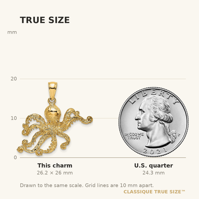 14K Textured Octopus Charm, 26 x 28mm