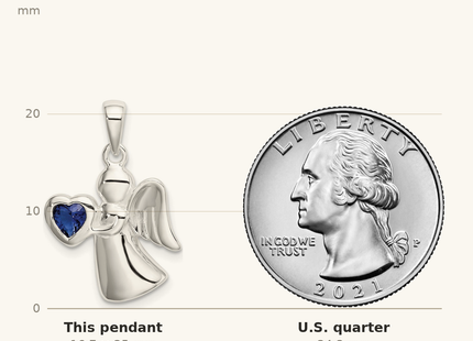 Classique True Size: Sterling Silver Angel w/Dark Blue CZ Heart Pendant shown next to a US quarter (24.3 mm)