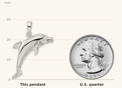 Classique True Size: De-Ani Sterling Silver Rhodium-Plated Polished Jumping Dolphin Pendant shown next to a US quarter (24.3 mm)