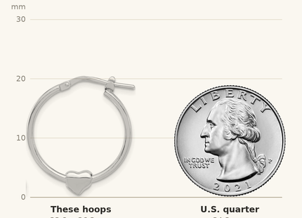 Classique True Size: Sterling Silver Rhod-plated Polished Heart Large Round Hoop Earrings shown next to a US quarter (24.3 mm)