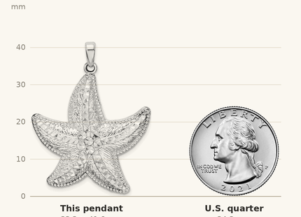 Classique True Size: De-Ani Sterling Silver Rhodium-plated Polished Diamond-Cut Large Starfish Pendant shown next to a US quarter (24.3 mm)