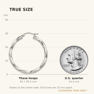 14K White Gold Twisted Hoop Earrings, 35.5 x 3mm