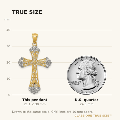 14K w/Rhodium Diamond-Cut Cross Pendant, 38 x 21mm