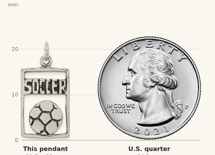 Classique True Size: Sterling Silver Antiqued Soccer Rectangle Pendant shown next to a US quarter (24.3 mm)