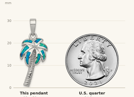 Classique True Size: Sterling Silver Rhodium-plated Created Blue Opal Inlay Palm Tree Pendant shown next to a US quarter (24.3 mm)