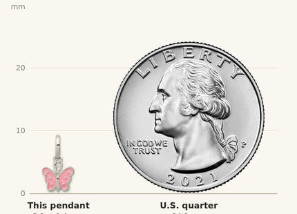 True size: Sterling Silver Rhodium-plated Pink Enameled Butterfly Children's Pendant shown next to a US quarter (24.3 mm)