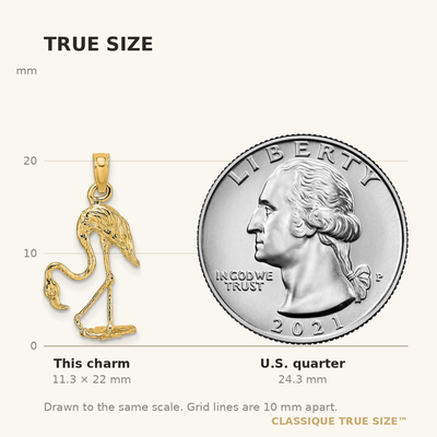 14K White Gold 3-D Textured Flamingo Charm, 22 x 12.5mm