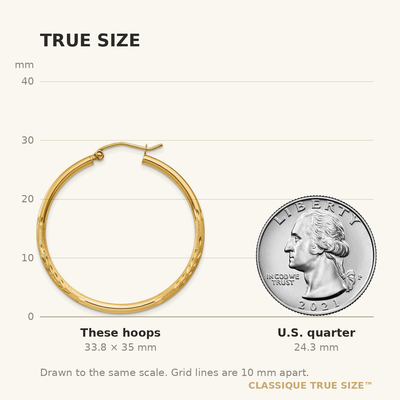 14K Satin and Diamond-cut Round Tube Hoop Earrings, 35 x 2mm