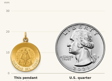 True size: 14k Caridad Del Cobre Medal Pendant shown next to a US quarter (24.3 mm)