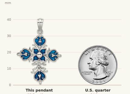 Classique True Size: De-Ani Sterling Silver Rhodium-Plated Polished Enameled Fleur de Lis Cross Pendant shown next to a US quarter (24.3 mm)