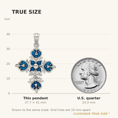 De-Ani Sterling Silver Rhodium-Plated Polished Enameled Fleur de Lis Cross Pendant