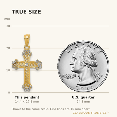 14K w/Rhodium Diamond-cut Filigree Cross Pendant, 27.11 x 14.72mm