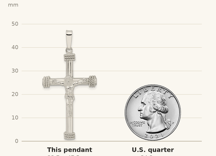 Classique True Size: Sterling Silver Polished w/Rope Ends Hollow Crucifix Pendant shown next to a US quarter (24.3 mm)