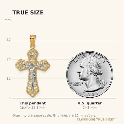 14K Two-tone Polished and Textured Filigree Passion Crucifix Pendant, 32.8 x 18.3mm
