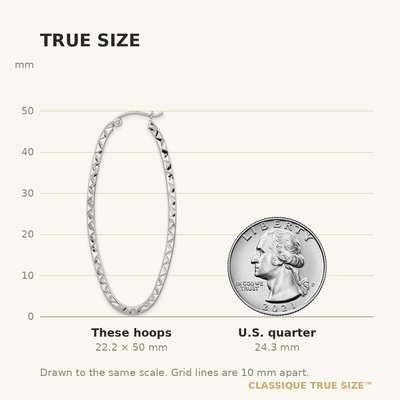 Sterling Silver Rhodium-plated Diamond-cut Oval Hoop Earrings, 50 x 22mm