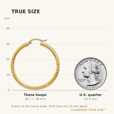 14K Satin and Diamond-cut Round Hoop Earrings, 38 x 2.5mm