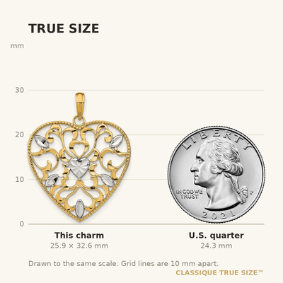 14K w/Rhodium Filigree Leaf Accent Heart Charm