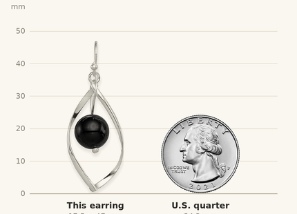 Classique True Size: Sterling Silver Polished Onyx Twisted Dangle Earrings shown next to a US quarter (24.3 mm)