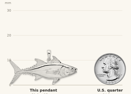 Classique True Size: De-Ani Sterling Silver Rhodium-Plated Polished Skipjack Tuna Fish Pendant shown next to a US quarter (24.3 mm)