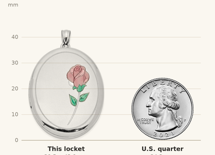 Classique True Size: Sterling Silver Rhod-plated Satin & Polished Enamel Rose Oval Locket shown next to a US quarter (24.3 mm)