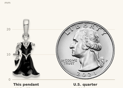 Classique True Size: De-Ani Sterling Silver Rhodium-Plated 3D Enameled Black Dress and Shoe Pendant shown next to a US quarter (24.3 mm)