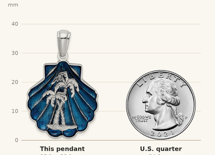 Classique True Size: De-Ani Sterling Silver Rhodium-Plated Enameled Blue Shell with Palm Trees Pendant shown next to a US quarter (24.3 mm)