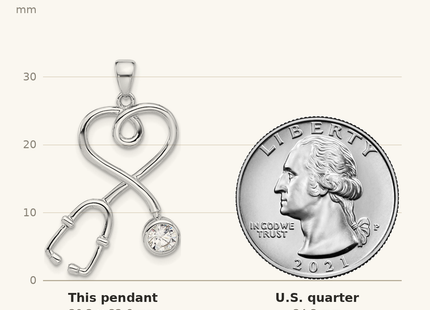 Classique True Size: Sterling Silver Rhodium-plated with CZ Stethoscope with Heart Pendant shown next to a US quarter (24.3 mm)