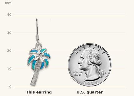 Classique True Size: Sterling Silver Rhodium-plated Created Blue Opal Inlay Palm Tree Dangle Earrings shown next to a US quarter (24.3 mm)