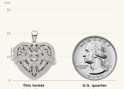 Classique True Size: Sterling Silver Rhodium-plated CZ Fancy Design Heart Locket Pendant shown next to a US quarter (24.3 mm)